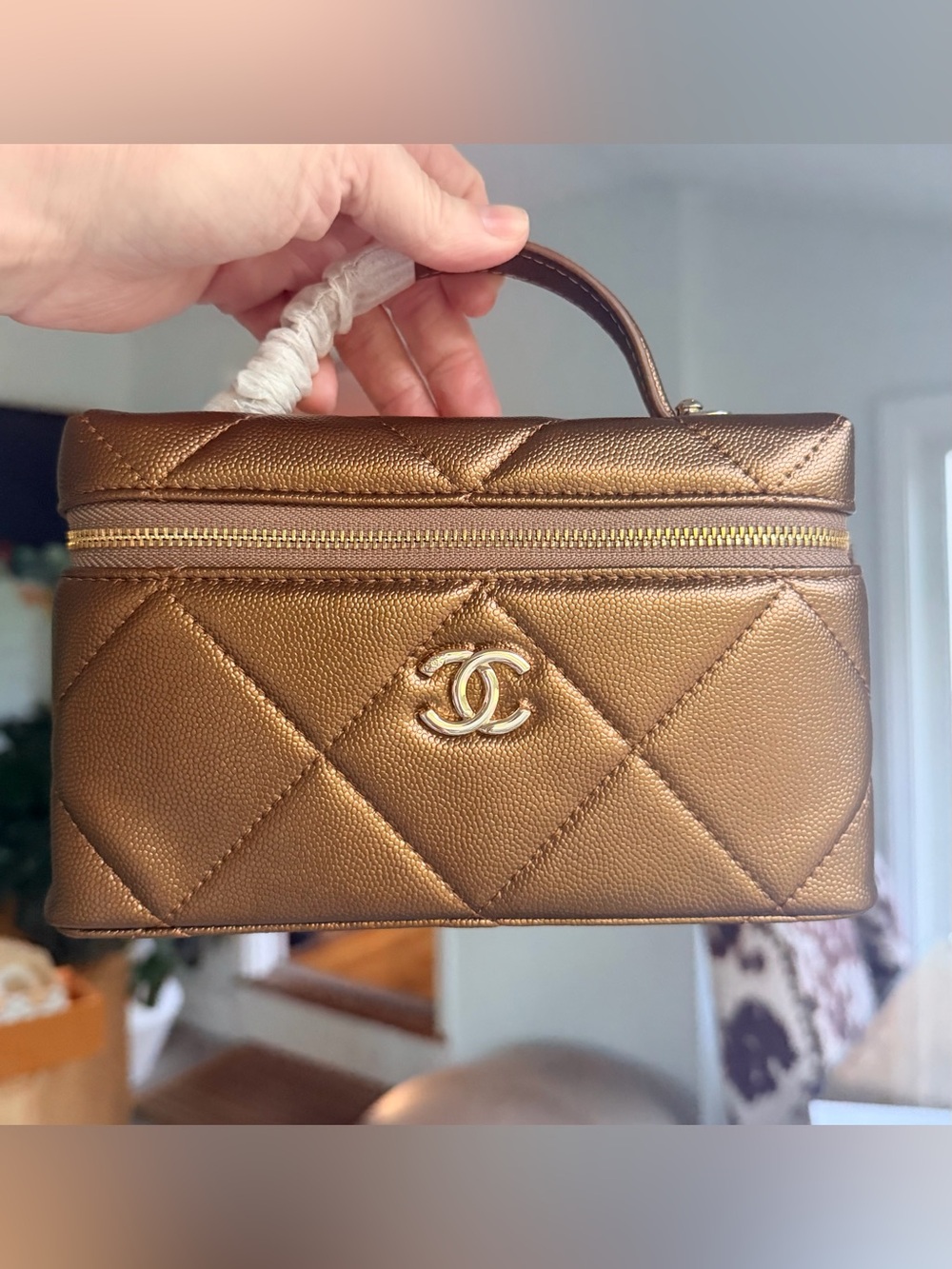 FULL SET NEW Metallic Bronze Caviar Leather Chanel Top Handle Vanity w Chain